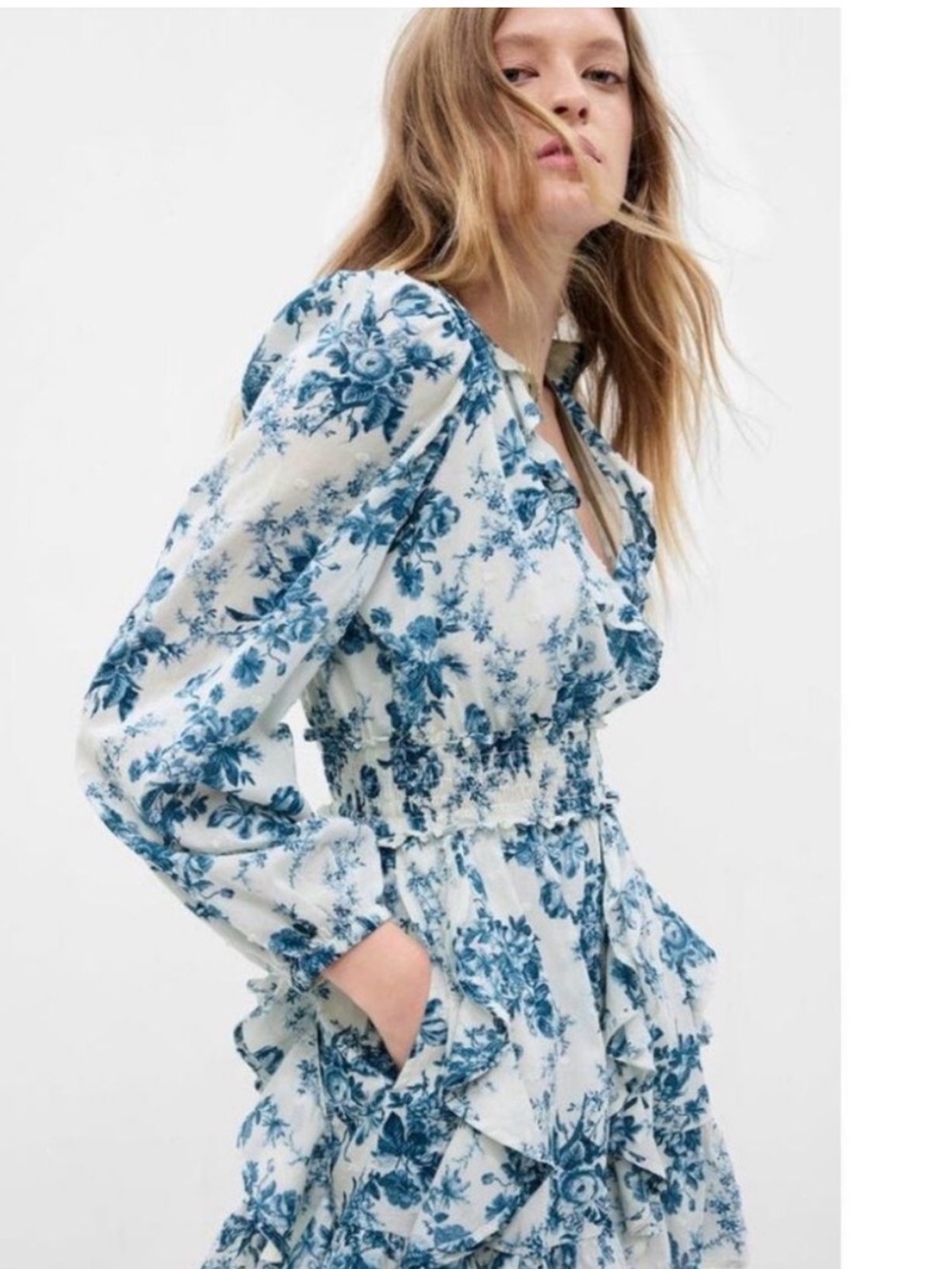 Gap x LoveShackFancy Smocked Ruffle Floral Toile Long Sleeve Mini Dress Size L